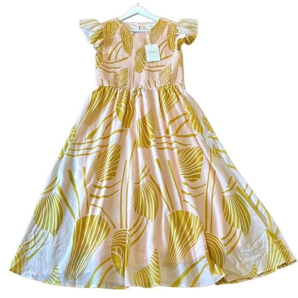 Bohme NWT pink floral smocked ruffle sleeve midi dress M - Picture 12 of 13